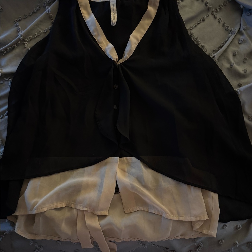 Paper Crane Black and Gold Asymmetrical Tie Front Blouse
